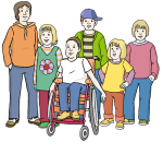 Das Bild zeigt 6 Kinder. Ein Kind davon sitzt in einem Rollstuhl.