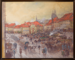Das Bild zeigt eine Zeichnung. Man sieht eine Stadt mit Kirche und Marktplatz.