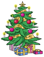 Das Bild zeigt einen Weihnachtsbaum. Der Baum ist geschmückt. Man sieht auch Geschenke unter dem Baum.